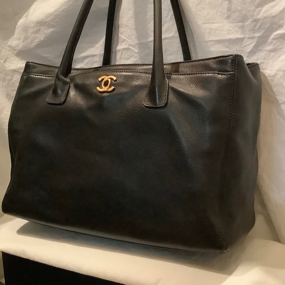 CHANEL Black Leather Tote with Gold CC Logo